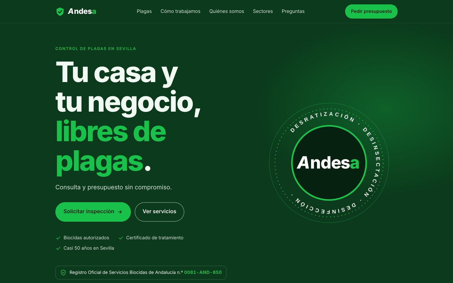 Portada de la web de Andesa Control de Plagas